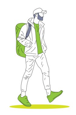 Sırt çantalı adam günlük kıyafet minimalist tasarım renkli elementler Vektör illüstrasyonu