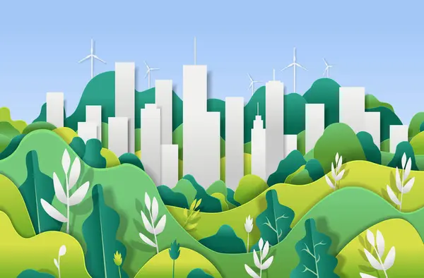 stock vector Eco-friendly cityscape with green hills wind turbines and modern buildings in the background nature and urban harmony paper cut style vector illustration