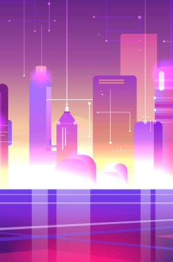 Fütürist şehir manzarası dijital teknoloji binaları çeşitli renkler soyut arkaplan vektörü illüstrasyonları