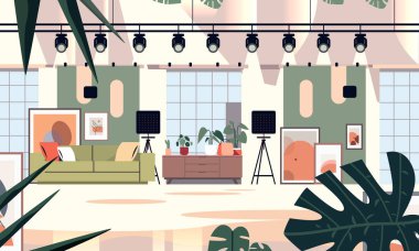 Modern oturma odasının içinde bitki koltuğu sanat eserleri ışıklandırma ekipmanları dekoratif düz tasarım Vektör illüstrasyonu