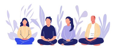 Grup meditasyonu farklı insanlar birlikte oturuyor barışçıl atmosfer soyut vektör illüstrasyonu