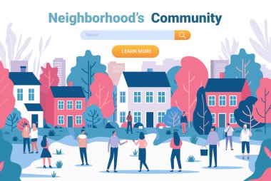 Mahalle halkı banliyö evleri ile etkileşim içinde olan ağaçlar renkli Vektör illüstrasyonları