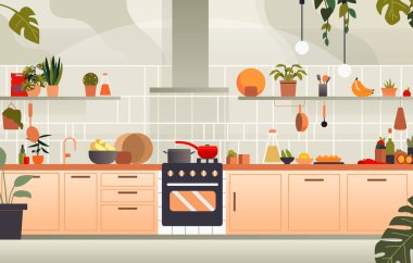 Modern mutfak içi bitki pişirme aletleri fırın ve dolaplar ev dekorasyonu illüstrasyonuyla dolu.