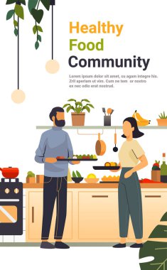 Sağlıklı gıda topluluğunun mutfak sahnesi insanlar sebze pişiriyor modern mutfak iç mimari vektör illüstrasyonları
