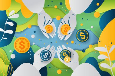 Kağıt kesiği biçiminde madeni para tutan eller vektör illüstrasyonlu ve yapraklı renkli soyut arkaplan