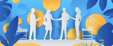 İş adamlarının el sıkışma siluetleriyle buluşması soyut arka plan mavi ve sarı daireler ve ofis mobilyaları kağıt kesim tarzı illüstrasyon bırakır