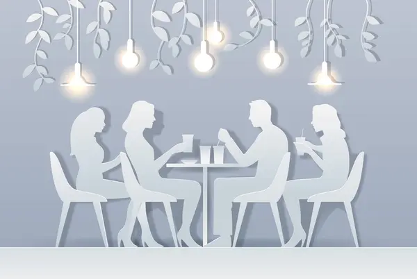 stock vector People dining together in paper cut style. Silhouettes of four individuals seated at a table with drinks in a softly lit environment with hanging lights and leafy decorations. Vector illustration.