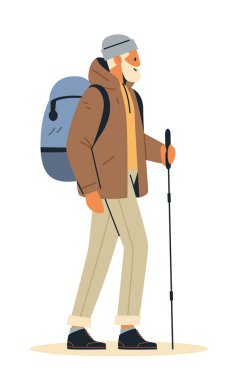 Elderly man hiking with backpack outdoors adventure nature activity illustration. Vector illustration. clipart