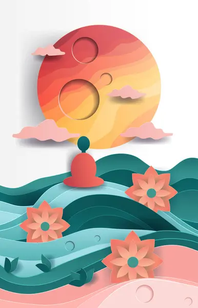 stock vector Meditating figure with sunset waves flowers papercut style serene scene colorful clouds abstract background Vector illustration