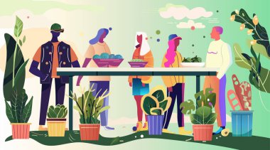 Sağlıklı yaşam tarzı insanlar renkli bitkiler topluyor. Yeşillik ve canlı renklerle çevrili sebzelerle dolu bir grup insan masanın etrafında duruyor. Web sitesi tasarım afişi şablonu