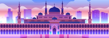 Modern şehir silueti camii minareleri günbatımı gradyan arka plan şehir mimarisi dinsel yapı manzara vektörü illüstrasyonu