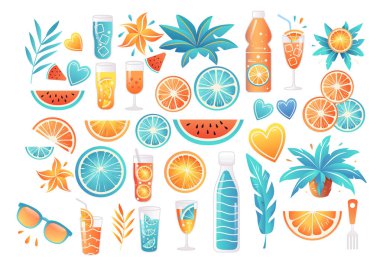 Yaz tropikal içecekler meyve ağaçları güneş gözlükleri kalpler renkli canlı Vektör çizimleri yapar