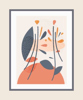 Çiçek elementleri ve turuncu ve gri tonlarda geometrik şekillerle çerçevelenmiş soyut sanat kompozisyonu. Duvar dekoru ya da baskılar için uygun. Vektör illüstrasyonu