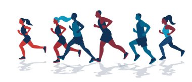Spor salonu kavramını uygulayan bir grup koşucu. Renkli siluetler içinde koşan farklı insanlar. Beyaz arkaplan vektör illüstrasyonları.