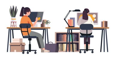 Masalarda çalışan iki kişi ile ortak çalışma alanı kitap rafları ve ofis modern iş yeri tasarım illüstrasyonları