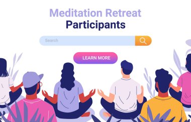 Meditation retreat participants sitting in lotus position diverse group meditating plants around colorful design website banner Vector illustration clipart