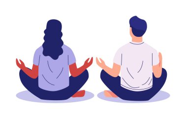 İnsanlar birlikte meditasyon yapıyor. Huzurlu manzara, sağIık, arka manzara, çapraz bacaklı, düz dizayn Vektör illüstrasyonları.