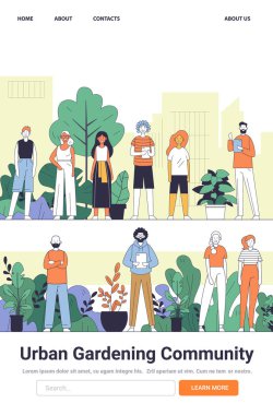 Urban gardening community illustration featuring diverse group of people with plants modern city background colorful and engaging design. Vector illustration. clipart