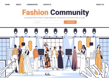 Moda etkinliği. Moda modelleri podyumda şık kıyafetler giyiyorlar. Dekorlu ve izleyicili modern iç tasarım. Vektör illüstrasyonu.