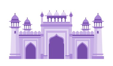 Kubbeleri ve minareleri olan mor cami mimarisi İslami yapı düz tasarım Vektör illüstrasyonu