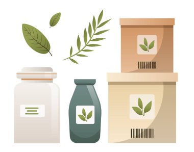 Yaprakları ve konteynerleri olan çevre ambalajlama ögeleri organik ürün ambalajlama tasarımı yeşil yaprak minimalist biçim Vektör illüstrasyonu