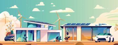 Güneş panelleri olan çevre dostu evler rüzgar türbinleri elektrikli arabalar modern sürdürülebilir yaşam sahnesi renkli manzara yansıması