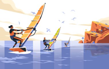 Okyanustaki rüzgar sörfçüleri kayalıkların ve gökyüzündeki martıların yanında renkli dinamik su sporları sahnesi kıyı manzarası Vektör illüstrasyonları