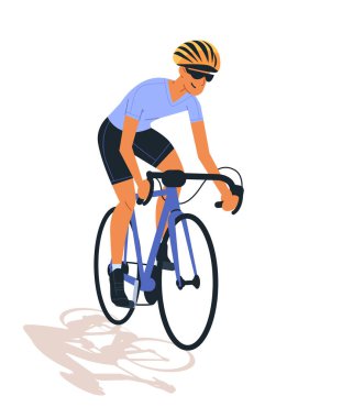 Kask ve güneş gözlüğü takan bisiklet süren bisikletçi Minimalist stil spor temalı Vektör illüstrasyonu