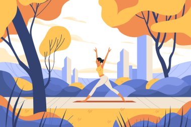 Sonbahar ağaçları ve şehir manzarası olan parkta yoga yapan bir kadın. Renkli düz tasarım Vektör illüstrasyonu.
