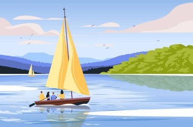 Dağlar ve mavi gökyüzünün altında bulutlar ve kuşlarla kaplı ağaçlarla çevrili sakin göl üzerinde insanlar olan yelkenli.