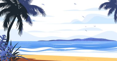 Beach landscape with palm trees tropical island ocean waves and birds serene coastal scenery blue and yellow color scheme nature illustration for website banner Vector illustration clipart