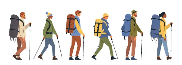 stock vector Hikers trekking outdoors diverse group with backpacks walking sticks colorful attire isolated on white background Vector illustration