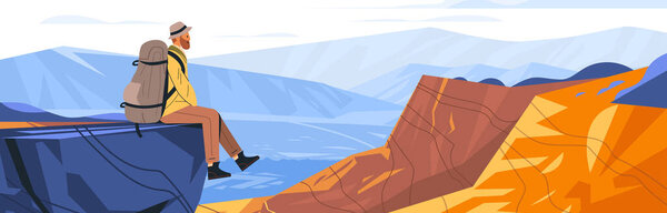 Пеший турист с рюкзаком, сидящим на краю скалы с видом на горы и долину.