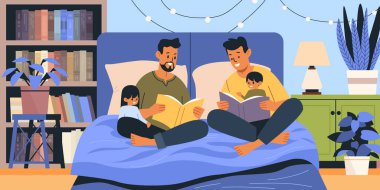 Aile, yatak odasındaki rahat ebeveynler, kitap rafı bitkilerine bağlanan çocuklar, Vector illüstrasyonunu birlikte okuyor.