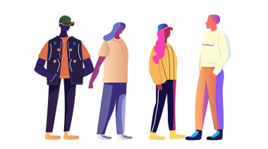 Çeşitli insan grupları modern moda rengarenk kıyafetler günlük kıyafet beyaz arka plan vektör illüstrasyonları