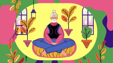 Elderly person meditating healthy lifestyle concept colorful indoor scene with plants and windows vibrant colors abstract shapes Vector illustration. clipart