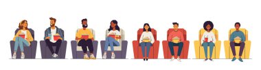 People sitting in cinema theater watching movie eating popcorn colorful seats diverse audience Vector illustration