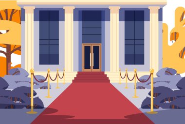 Cinema theater entrance with red carpet and velvet ropes grand building columns trees bushes elegant setting Vector illustration clipart