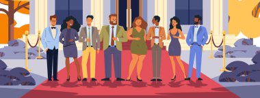 Resmi giyinmiş insanlar etkinliğe katılıyor. Zarif giyinmiş bir grup kadın ve erkek binanın önündeki kırmızı halıda dikiliyorlar ve arka planda altın ağaçlar var. Sancak Tasarımı Vektörü