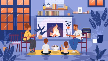 Aile şöminenin yanında rahat bir oturma odasında sıcak bir atmosfer ebeveynler modern ev bitkileri kitap rafları Vektör illüstrasyonu