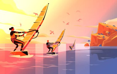 Rüzgâr sörfçüleri gün batımında dalgalarda süzülürken gökyüzünde martılar ve arka planda kayalıklar canlı renkler dinamik sahne macera sporu Vektör ilüstrasyonları