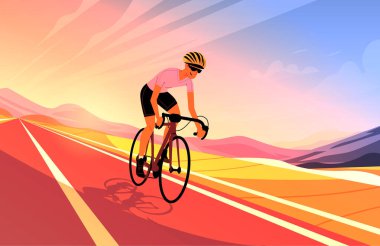 Cyclist in vibrant landscape road biking sport activity dynamic motion colorful background hills sunset website banner Vector illustration