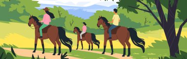 İnsanlar doğa manzarasında at sürerken arka planda yemyeşil ağaçlar ve dağlar açık hava aktivite vektörü illüstrasyonunda canlı renkler.