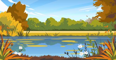 Gölet ağaçları ve çiçeklerle dolu sonbahar manzarası suya yansıyan parlak gökyüzü ve bulutlar doğa manzarası Vektör illüstrasyonu