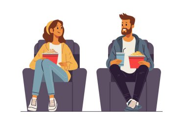 Sinema koltuklarındaki insanlar ellerinde patlamış mısırla bir film sahnesinin keyfini çıkarıyorlar. Günlük kıyafetlerin rengarenk düz tasarım izole edilmiş arka plan illüstrasyonları.