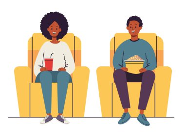 People in cinema seats enjoying snacks colorful illustration shows two individuals sitting in yellow theater seats holding popcorn and a drink smiling Vector illustration clipart