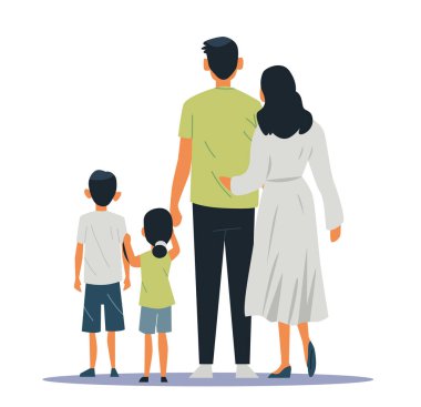 Aile bir arada. Ebeveynler ayakta duran çocuklar. Resimde dört kişilik bir aile el ele tutuşuyor. Basit renk paleti beyaz arkaplan. Vektör illüstrasyonu.