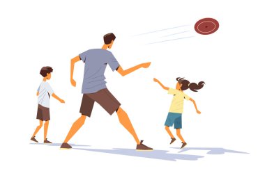 Aile açık havada frizbi oynuyor. Resimlerde, beyaz bir arka planda minimalist bir tarzda frizbi oynayan bir adam ve iki çocuk yer alıyor. Web sitesi tasarımı için mükemmel. Vektör illüstrasyonu.