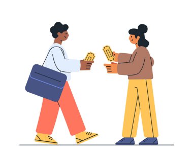 İnsanlar sinema biletlerini değiş tokuş ediyor. İki karakter renkli düz tasarım web sitesi afişi taşıyor.