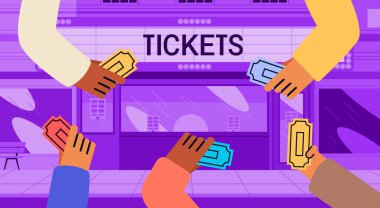 Tiyatronun önünde biletleri tutan eller. Mor bir tiyatronun önünde çeşitli ellerin tuttuğu renkli biletler. Web sitesi ya da afiş için düz tasarım. Vektör illüstrasyonu.